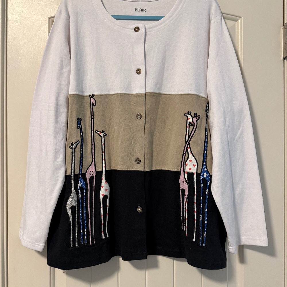BLAIR Women’s Plus giraffe applique Button Down Colorblock Cardigan Size‎ 3XL